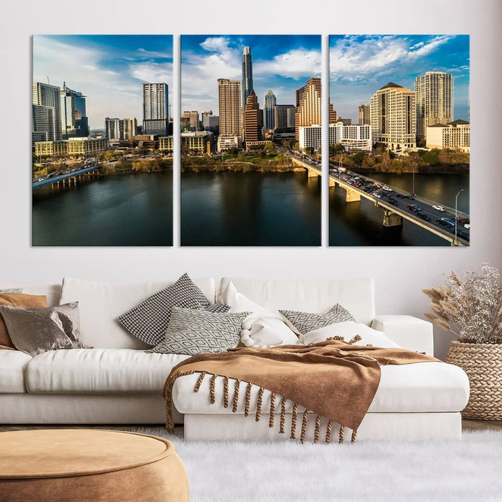 The "Austin City Morning Blue Cloudy Skyline Cityscape View Wall Art Canvas Print" is printed on museum-quality polycotton canvas, gallery wrapped, and features reflective metallic accents complemented by a UV-protective coating for lasting vibrancy.