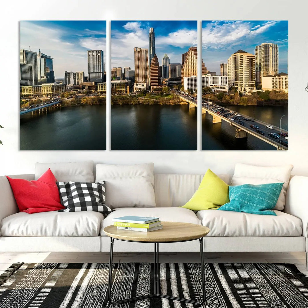 The "Austin City Morning Blue Cloudy Skyline Cityscape View Wall Art Canvas Print" is printed on museum-quality polycotton canvas, gallery wrapped, and features reflective metallic accents complemented by a UV-protective coating for lasting vibrancy.