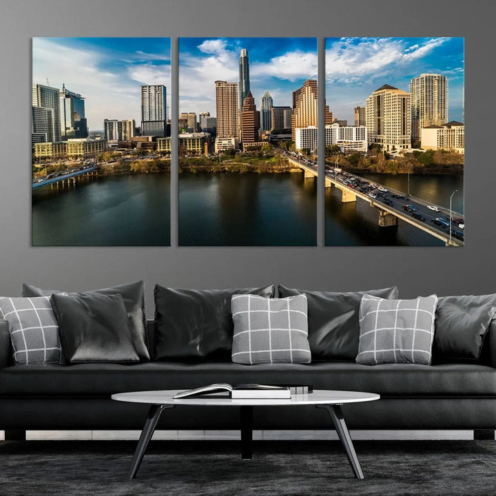 The "Austin City Morning Blue Cloudy Skyline Cityscape View Wall Art Canvas Print" is printed on museum-quality polycotton canvas, gallery wrapped, and features reflective metallic accents complemented by a UV-protective coating for lasting vibrancy.