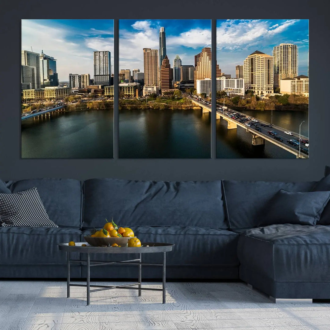 The "Austin City Morning Blue Cloudy Skyline Cityscape View Wall Art Canvas Print" is printed on museum-quality polycotton canvas, gallery wrapped, and features reflective metallic accents complemented by a UV-protective coating for lasting vibrancy.