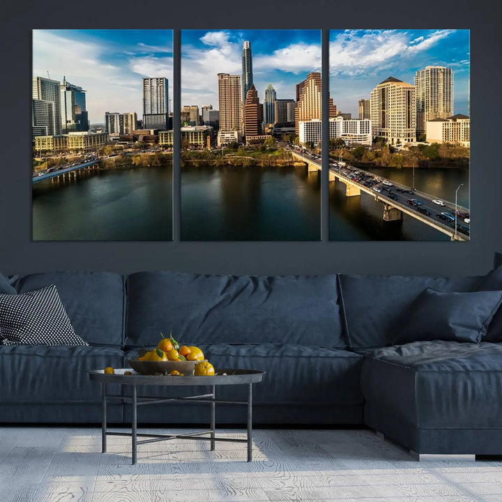 The "Austin City Morning Blue Cloudy Skyline Cityscape View Wall Art Canvas Print" is printed on museum-quality polycotton canvas, gallery wrapped, and features reflective metallic accents complemented by a UV-protective coating for lasting vibrancy.