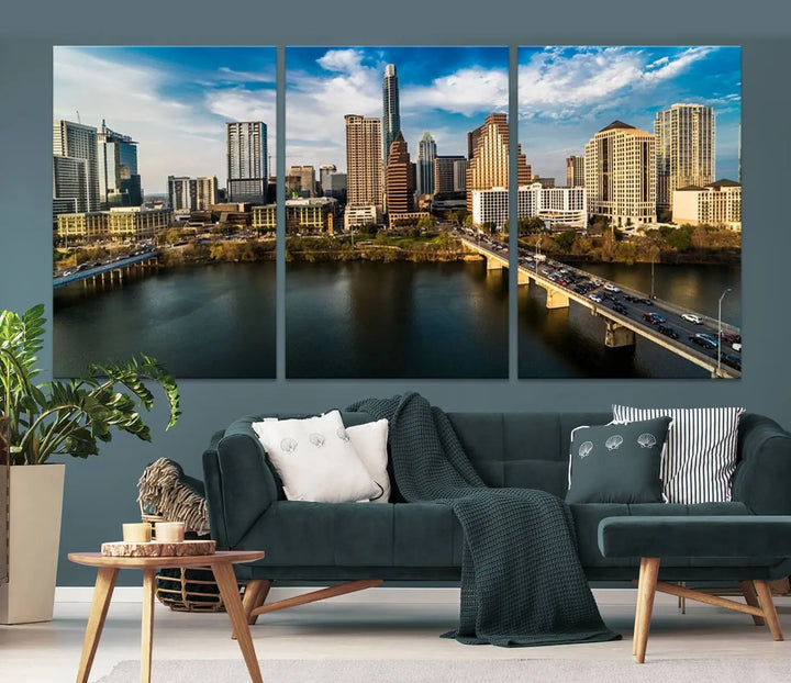 The "Austin City Morning Blue Cloudy Skyline Cityscape View Wall Art Canvas Print" is printed on museum-quality polycotton canvas, gallery wrapped, and features reflective metallic accents complemented by a UV-protective coating for lasting vibrancy.