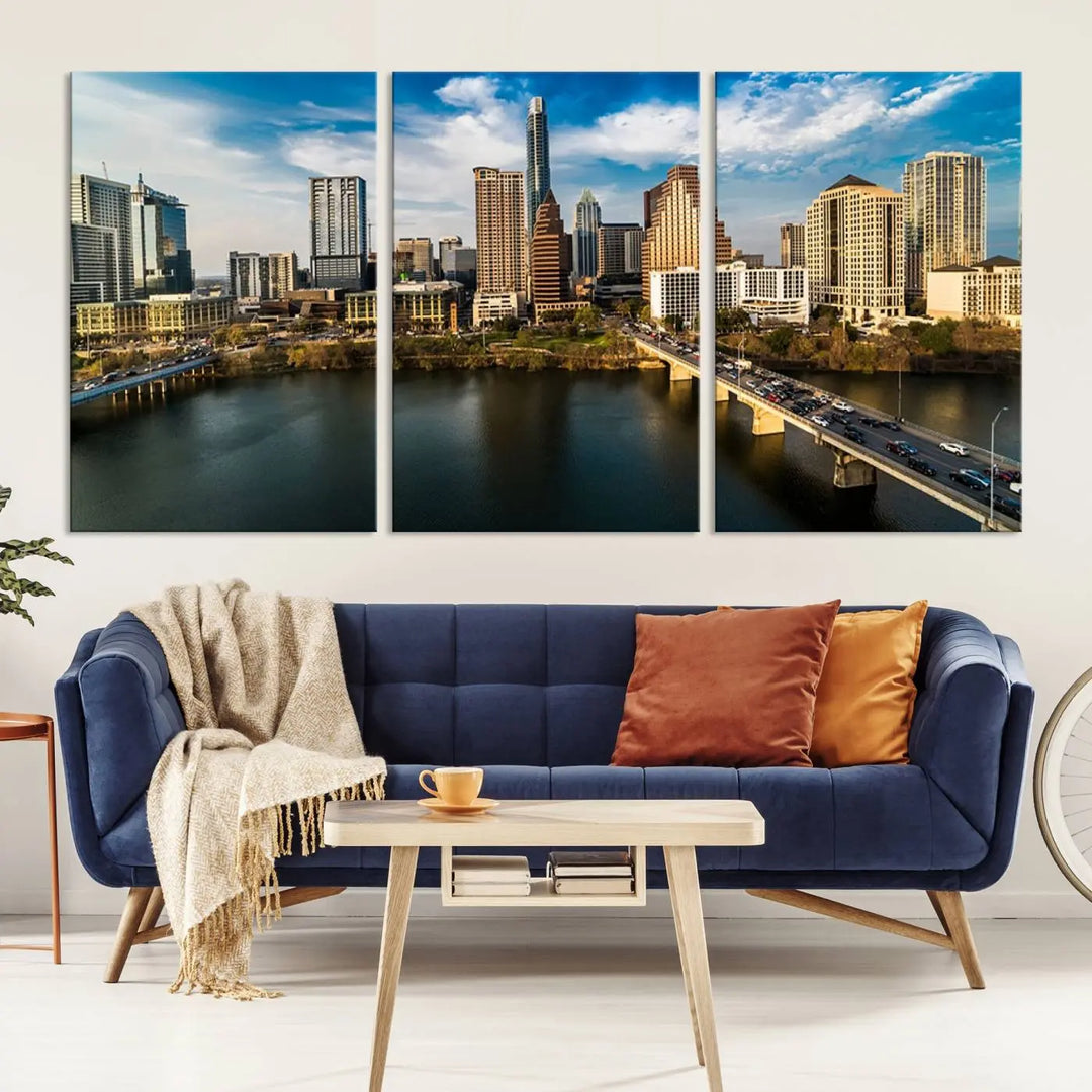 The "Austin City Morning Blue Cloudy Skyline Cityscape View Wall Art Canvas Print" is printed on museum-quality polycotton canvas, gallery wrapped, and features reflective metallic accents complemented by a UV-protective coating for lasting vibrancy.