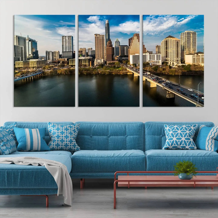 The "Austin City Morning Blue Cloudy Skyline Cityscape View Wall Art Canvas Print" is printed on museum-quality polycotton canvas, gallery wrapped, and features reflective metallic accents complemented by a UV-protective coating for lasting vibrancy.