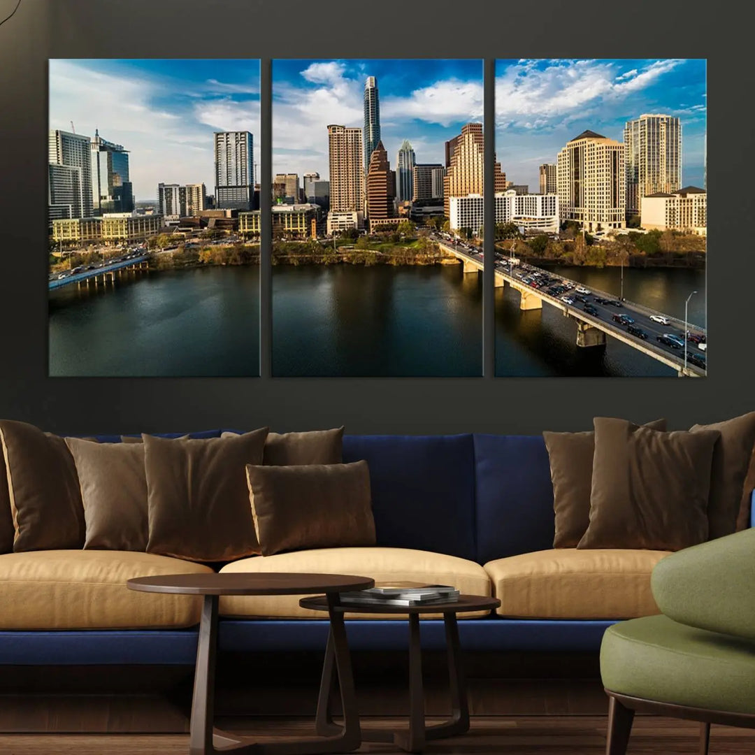 The "Austin City Morning Blue Cloudy Skyline Cityscape View Wall Art Canvas Print" is printed on museum-quality polycotton canvas, gallery wrapped, and features reflective metallic accents complemented by a UV-protective coating for lasting vibrancy.