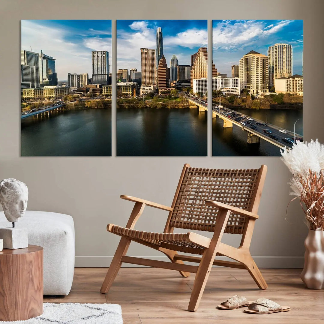 The "Austin City Morning Blue Cloudy Skyline Cityscape View Wall Art Canvas Print" is printed on museum-quality polycotton canvas, gallery wrapped, and features reflective metallic accents complemented by a UV-protective coating for lasting vibrancy.