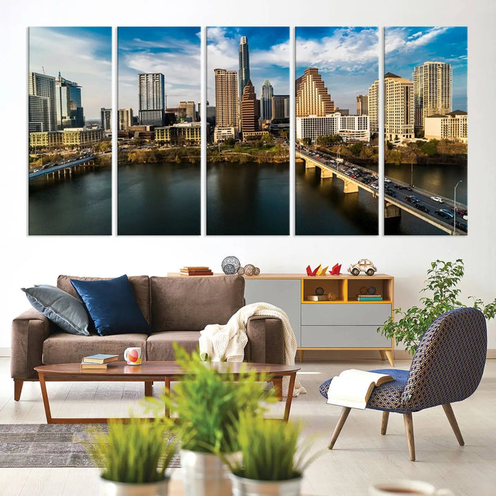 The "Austin City Morning Blue Cloudy Skyline Cityscape View Wall Art Canvas Print" is printed on museum-quality polycotton canvas, gallery wrapped, and features reflective metallic accents complemented by a UV-protective coating for lasting vibrancy.