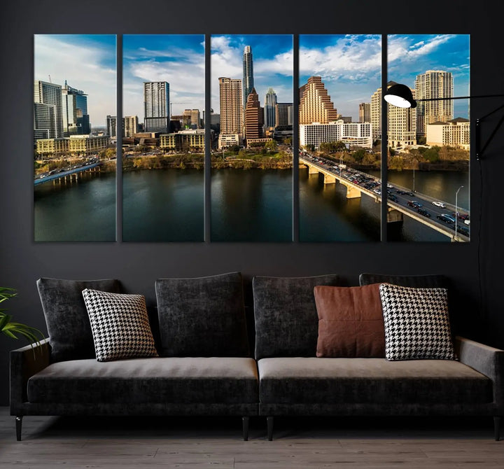 The "Austin City Morning Blue Cloudy Skyline Cityscape View Wall Art Canvas Print" is printed on museum-quality polycotton canvas, gallery wrapped, and features reflective metallic accents complemented by a UV-protective coating for lasting vibrancy.