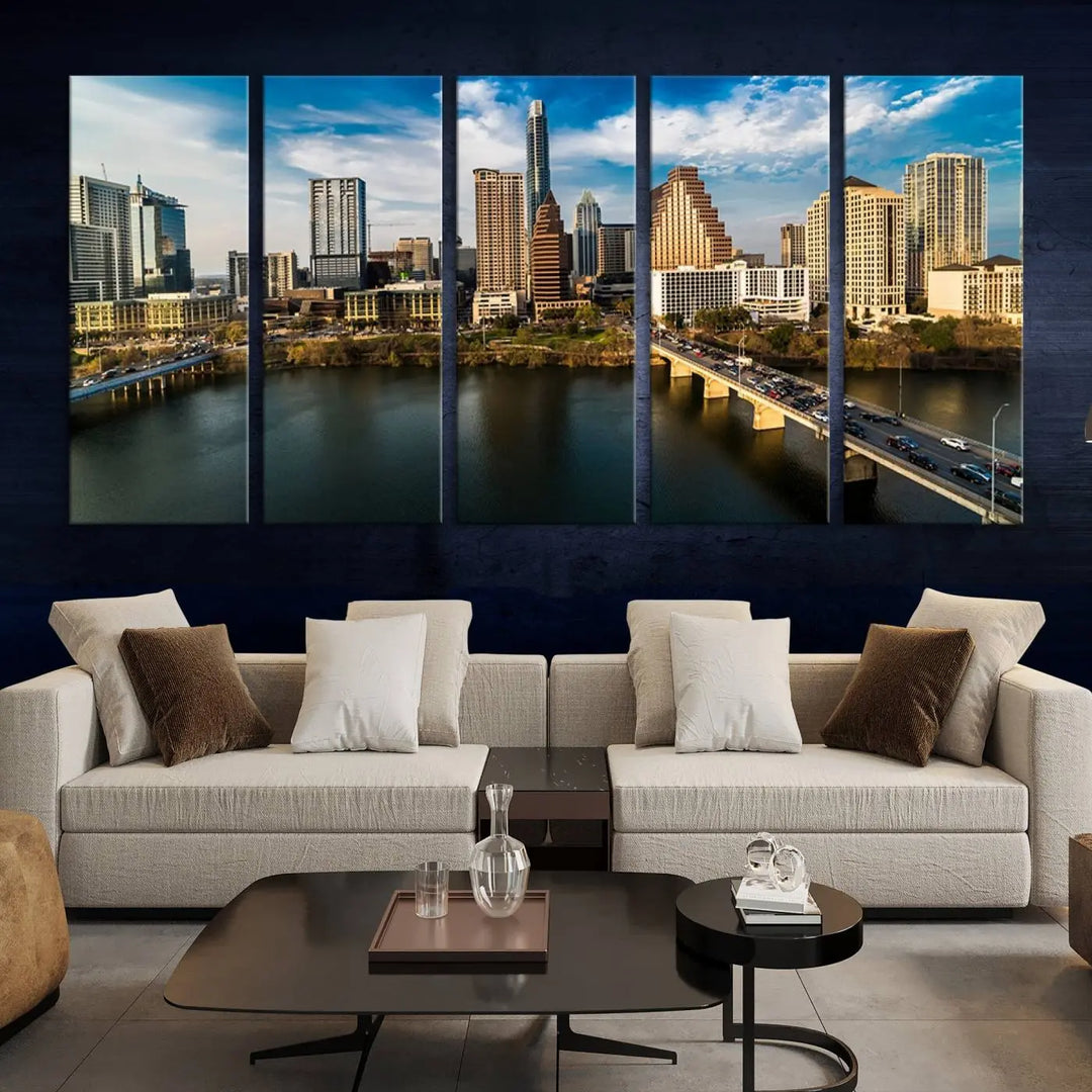 The "Austin City Morning Blue Cloudy Skyline Cityscape View Wall Art Canvas Print" is printed on museum-quality polycotton canvas, gallery wrapped, and features reflective metallic accents complemented by a UV-protective coating for lasting vibrancy.