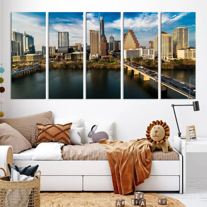 The "Austin City Morning Blue Cloudy Skyline Cityscape View Wall Art Canvas Print" is printed on museum-quality polycotton canvas, gallery wrapped, and features reflective metallic accents complemented by a UV-protective coating for lasting vibrancy.