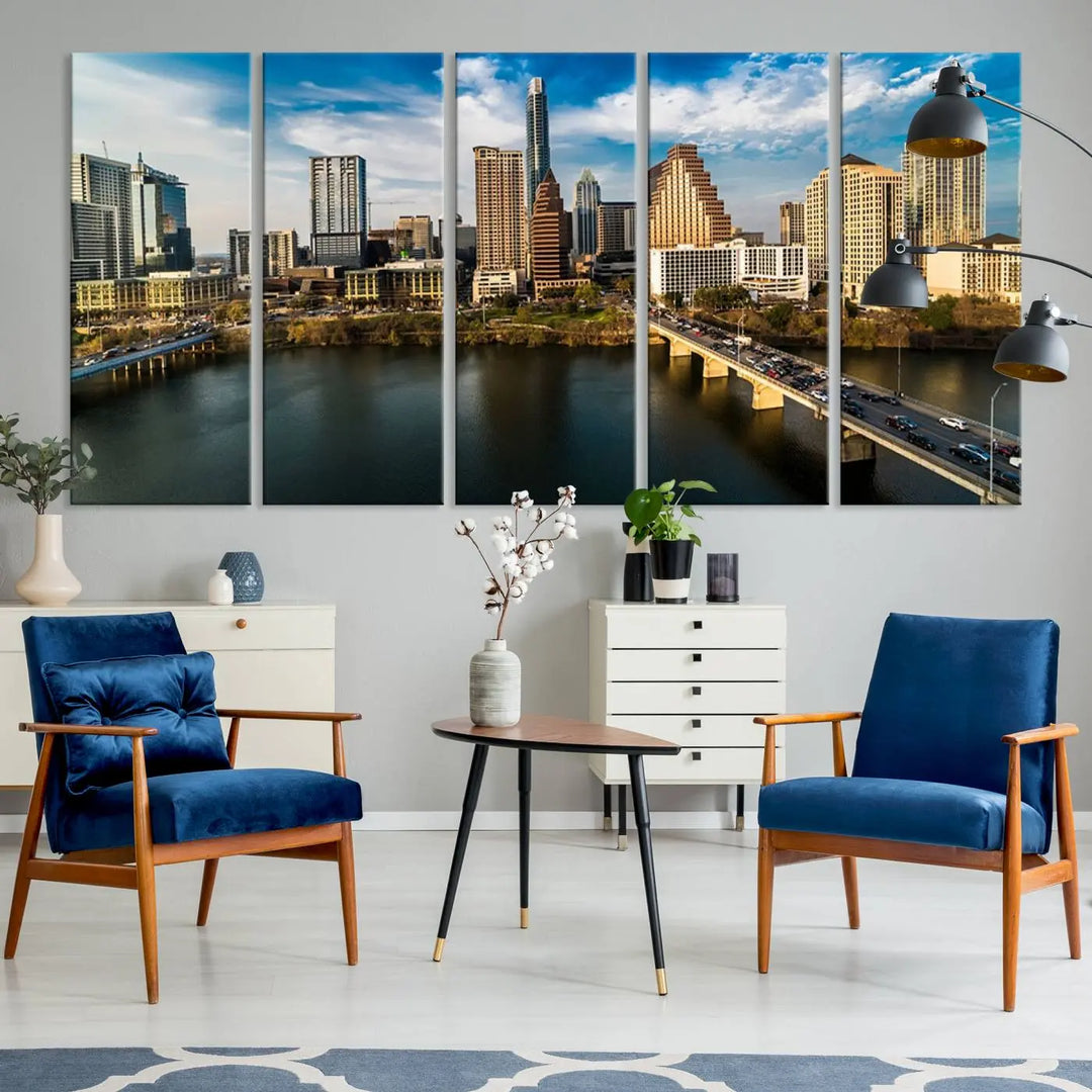 The "Austin City Morning Blue Cloudy Skyline Cityscape View Wall Art Canvas Print" is printed on museum-quality polycotton canvas, gallery wrapped, and features reflective metallic accents complemented by a UV-protective coating for lasting vibrancy.