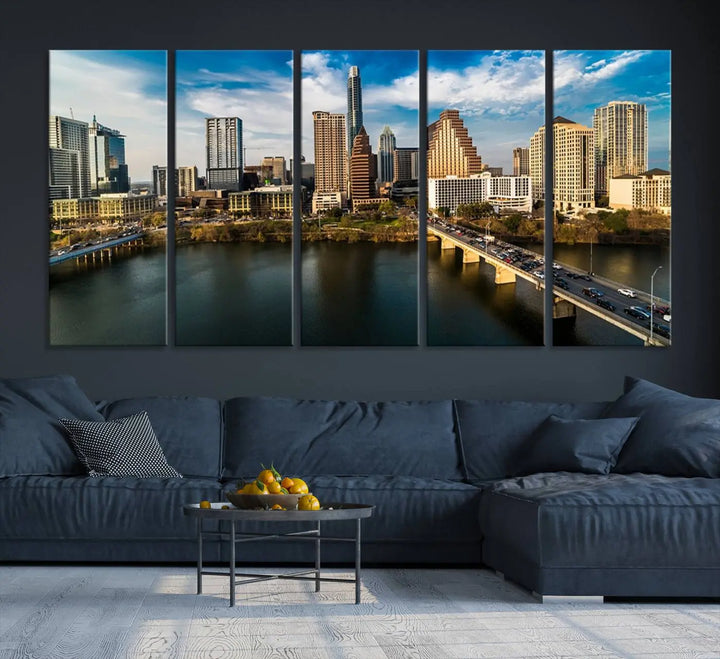 The "Austin City Morning Blue Cloudy Skyline Cityscape View Wall Art Canvas Print" is printed on museum-quality polycotton canvas, gallery wrapped, and features reflective metallic accents complemented by a UV-protective coating for lasting vibrancy.