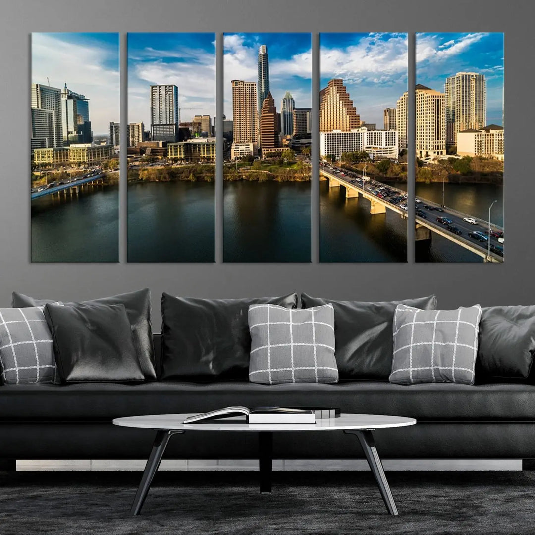 The "Austin City Morning Blue Cloudy Skyline Cityscape View Wall Art Canvas Print" is printed on museum-quality polycotton canvas, gallery wrapped, and features reflective metallic accents complemented by a UV-protective coating for lasting vibrancy.