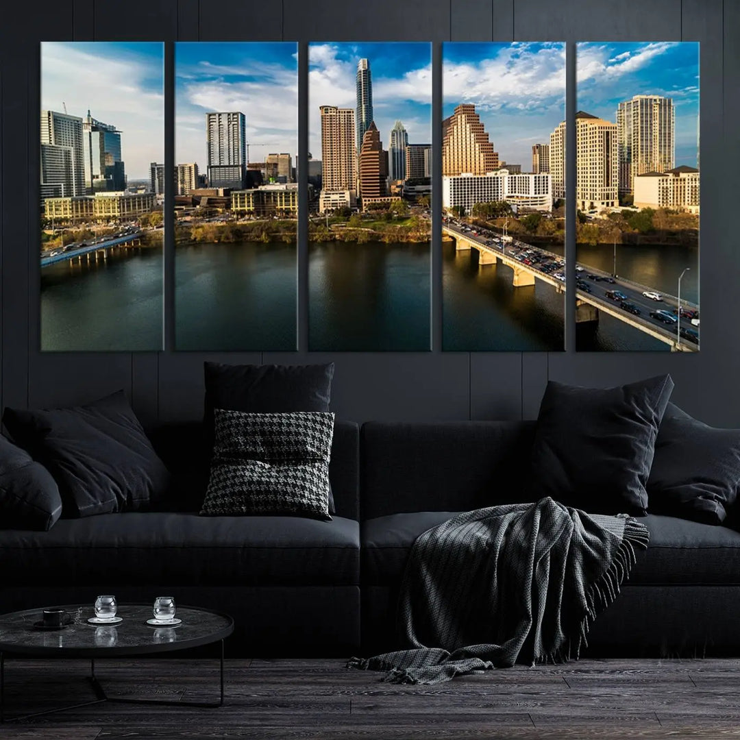 The "Austin City Morning Blue Cloudy Skyline Cityscape View Wall Art Canvas Print" is printed on museum-quality polycotton canvas, gallery wrapped, and features reflective metallic accents complemented by a UV-protective coating for lasting vibrancy.