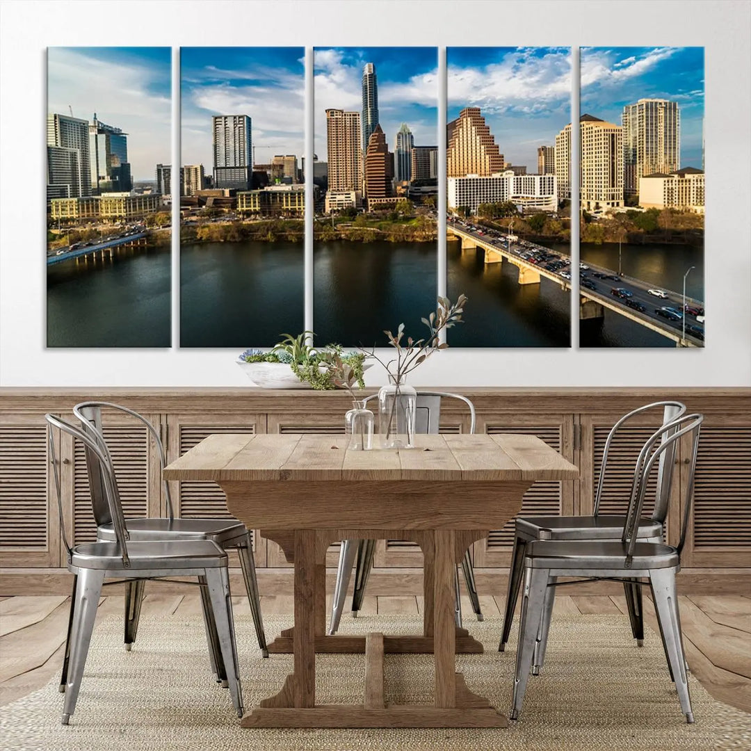 The "Austin City Morning Blue Cloudy Skyline Cityscape View Wall Art Canvas Print" is printed on museum-quality polycotton canvas, gallery wrapped, and features reflective metallic accents complemented by a UV-protective coating for lasting vibrancy.