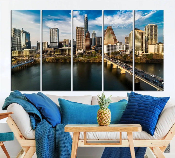 The "Austin City Morning Blue Cloudy Skyline Cityscape View Wall Art Canvas Print" is printed on museum-quality polycotton canvas, gallery wrapped, and features reflective metallic accents complemented by a UV-protective coating for lasting vibrancy.