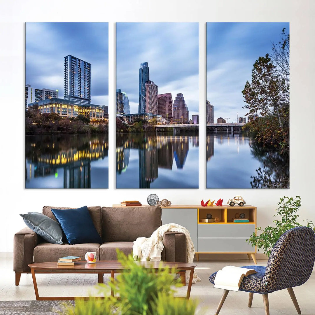 The Austin City Morning Skyline Cityscape View Wall Art Canvas Print, gallery wrapped on museum-quality canvas, reflects on the river.