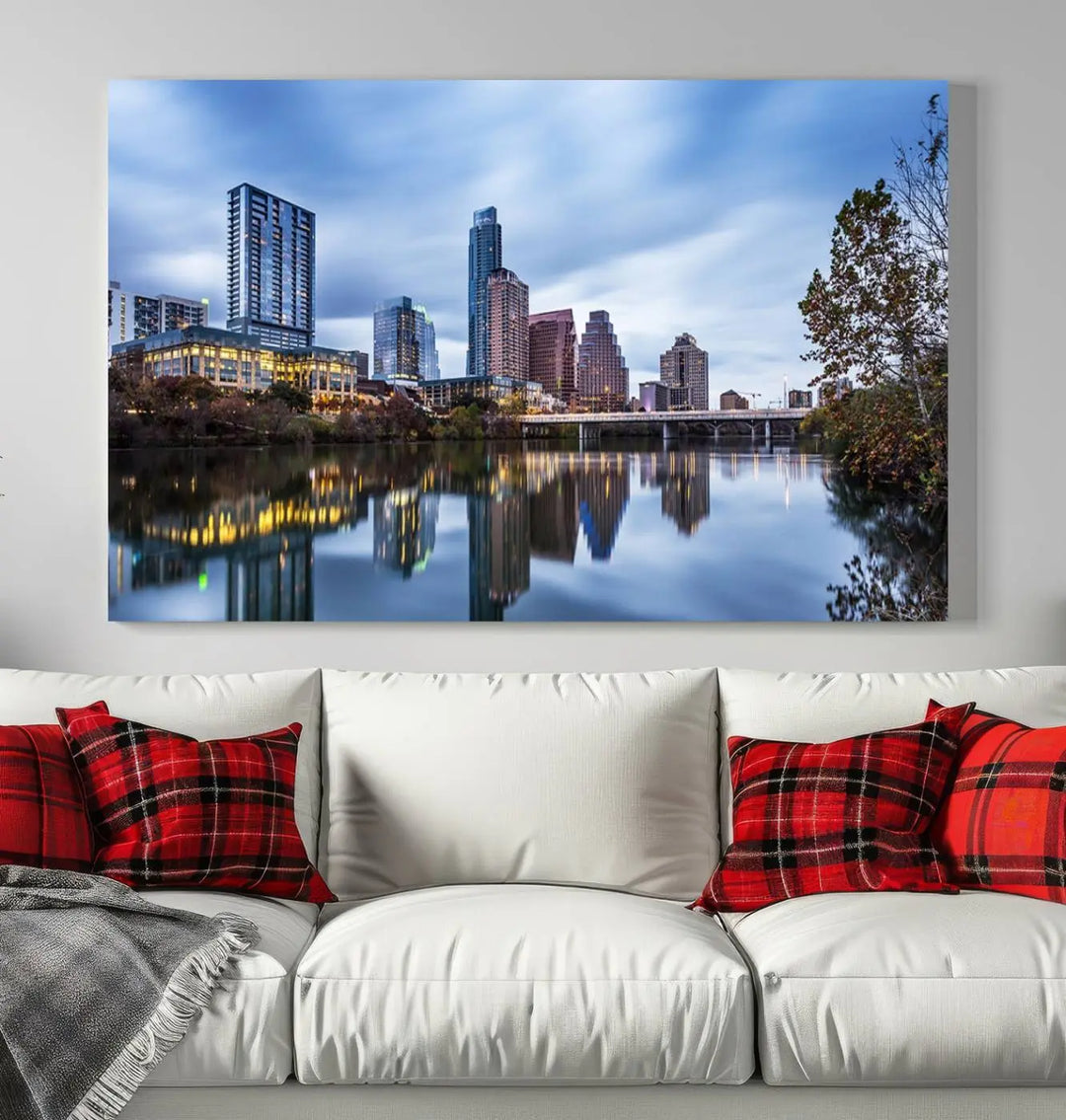 The Austin City Morning Skyline Cityscape View Wall Art Canvas Print, gallery wrapped on museum-quality canvas, reflects on the river.