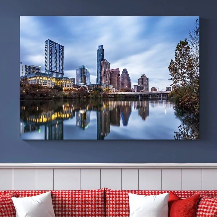 The Austin City Morning Skyline Cityscape View Wall Art Canvas Print, gallery wrapped on museum-quality canvas, reflects on the river.