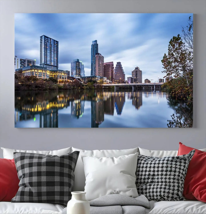 The Austin City Morning Skyline Cityscape View Wall Art Canvas Print, gallery wrapped on museum-quality canvas, reflects on the river.