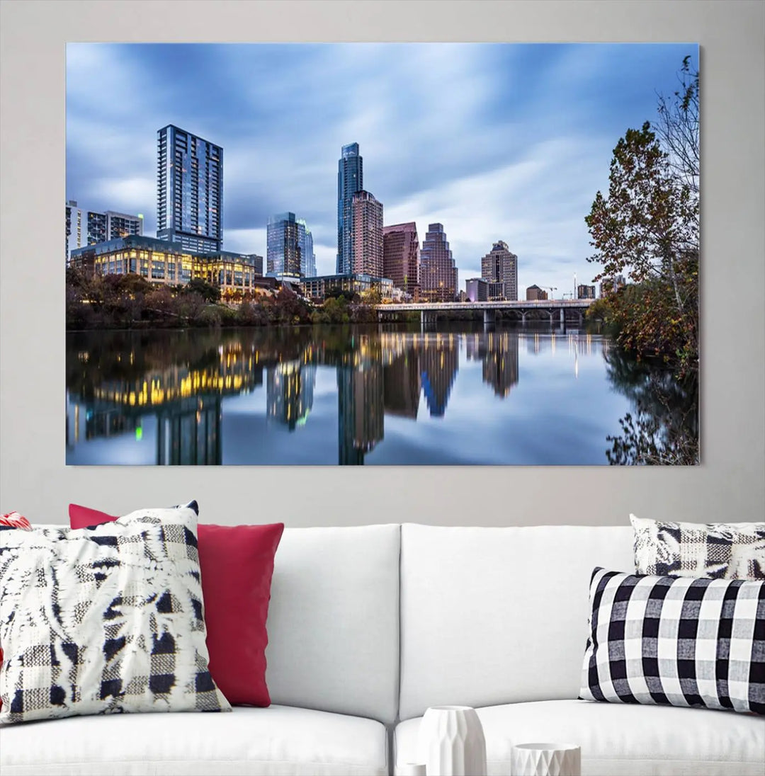 The Austin City Morning Skyline Cityscape View Wall Art Canvas Print, gallery wrapped on museum-quality canvas, reflects on the river.