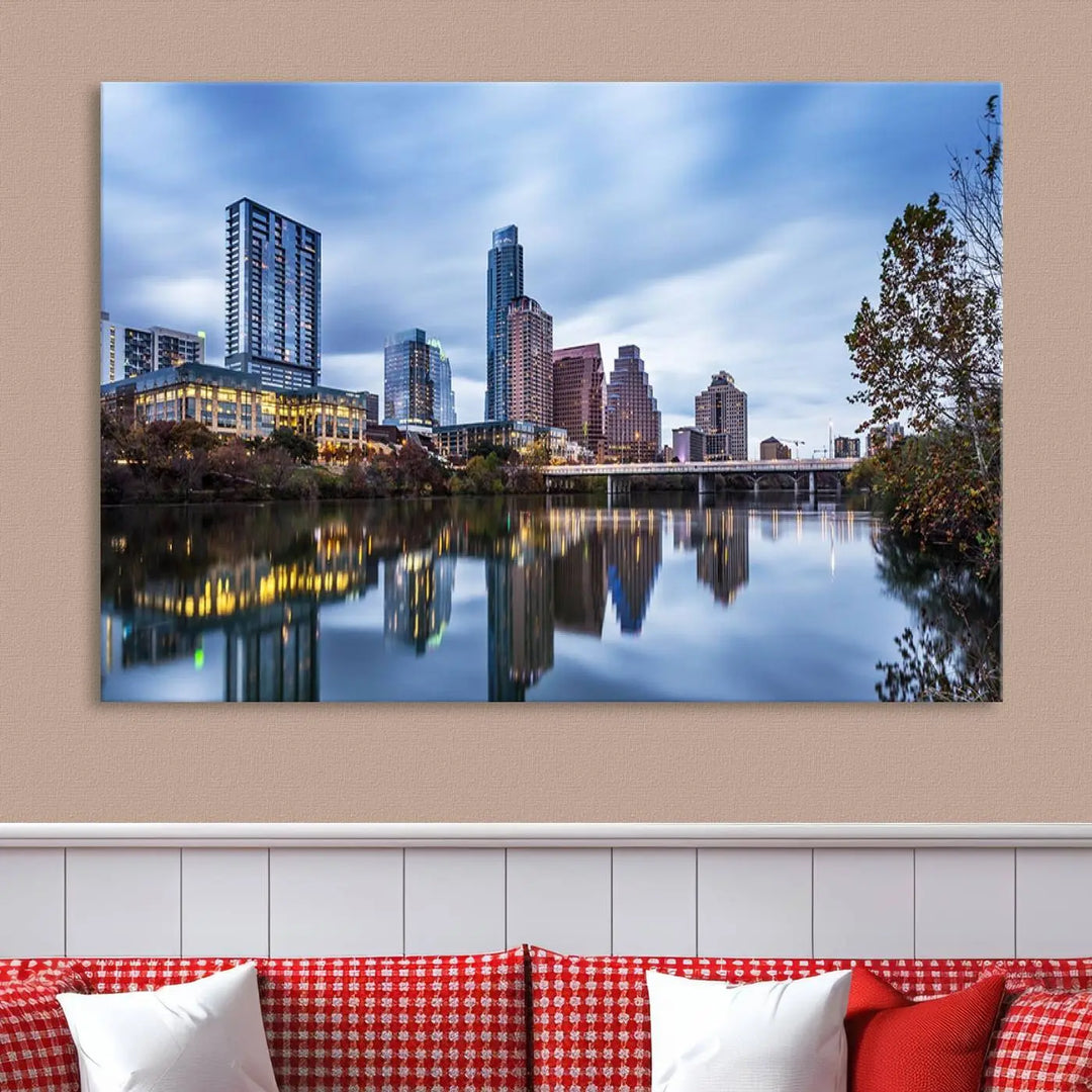 The Austin City Morning Skyline Cityscape View Wall Art Canvas Print, gallery wrapped on museum-quality canvas, reflects on the river.