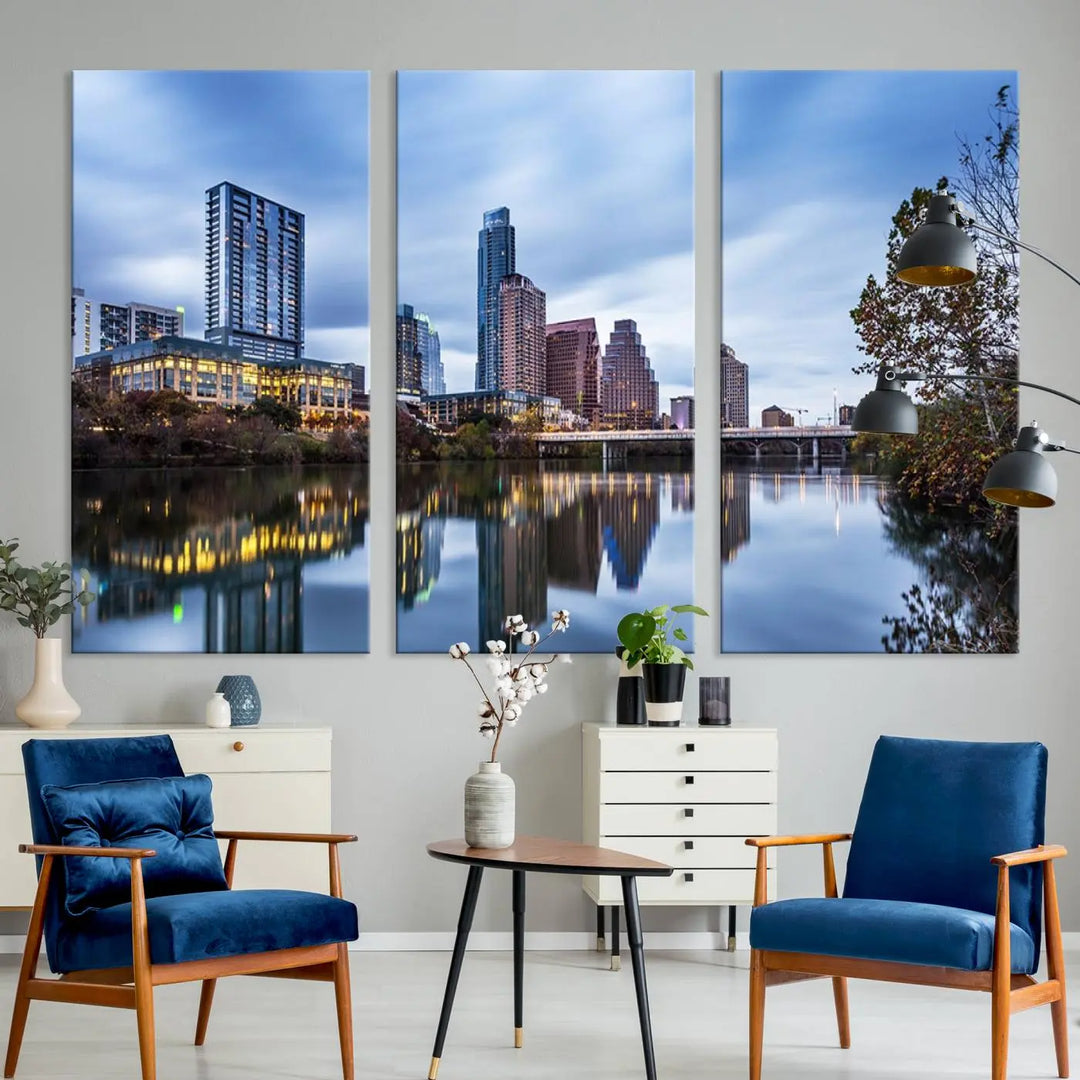 The Austin City Morning Skyline Cityscape View Wall Art Canvas Print, gallery wrapped on museum-quality canvas, reflects on the river.