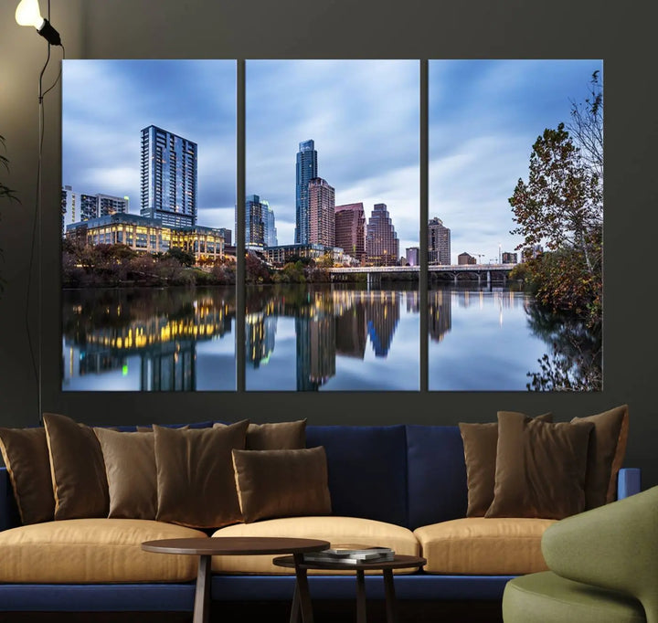 The Austin City Morning Skyline Cityscape View Wall Art Canvas Print, gallery wrapped on museum-quality canvas, reflects on the river.