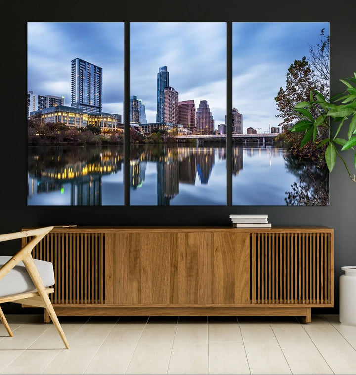 The Austin City Morning Skyline Cityscape View Wall Art Canvas Print, gallery wrapped on museum-quality canvas, reflects on the river.