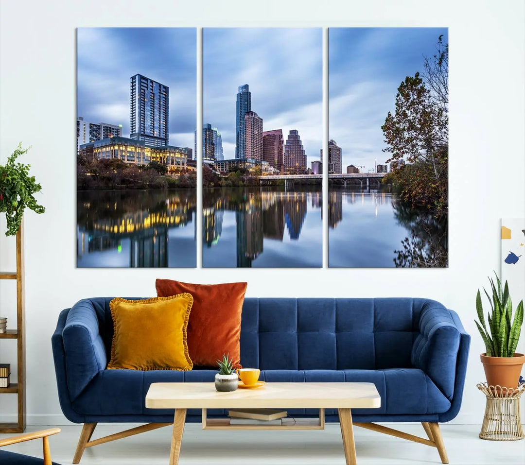 The Austin City Morning Skyline Cityscape View Wall Art Canvas Print, gallery wrapped on museum-quality canvas, reflects on the river.