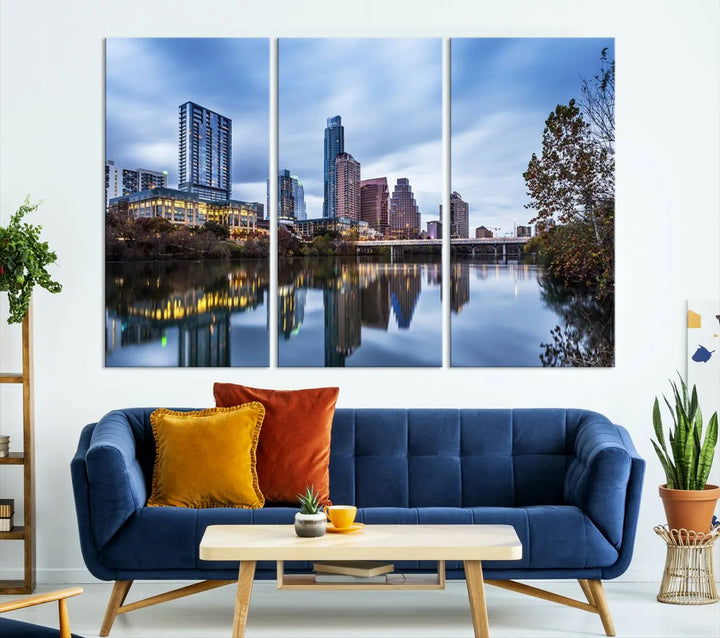 The Austin City Morning Skyline Cityscape View Wall Art Canvas Print, gallery wrapped on museum-quality canvas, reflects on the river.