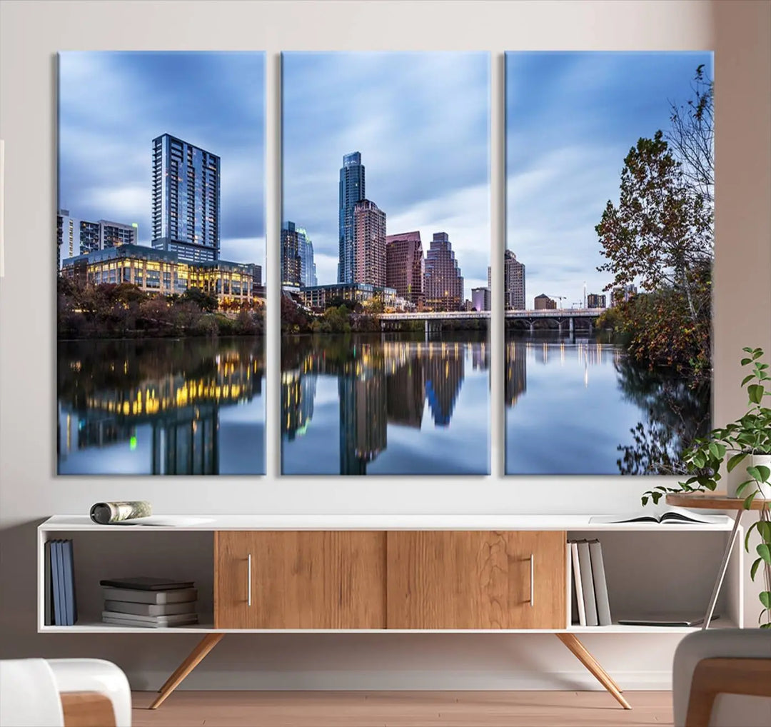 The Austin City Morning Skyline Cityscape View Wall Art Canvas Print, gallery wrapped on museum-quality canvas, reflects on the river.