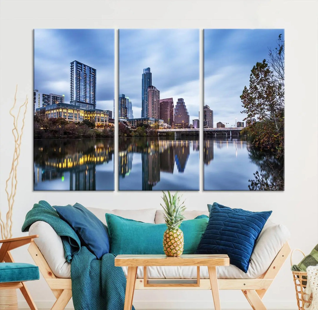 The Austin City Morning Skyline Cityscape View Wall Art Canvas Print, gallery wrapped on museum-quality canvas, reflects on the river.