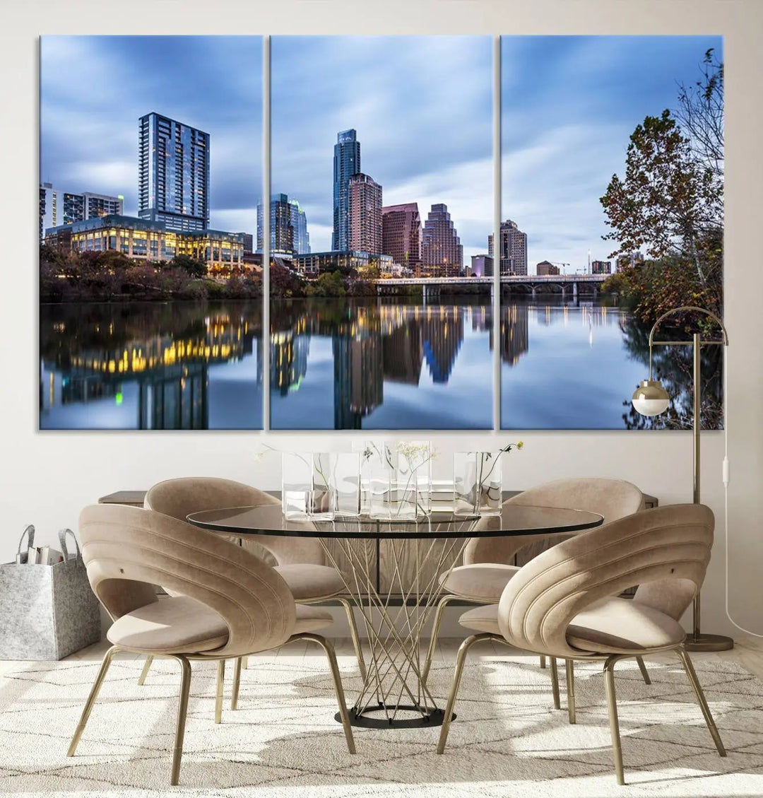 The Austin City Morning Skyline Cityscape View Wall Art Canvas Print, gallery wrapped on museum-quality canvas, reflects on the river.