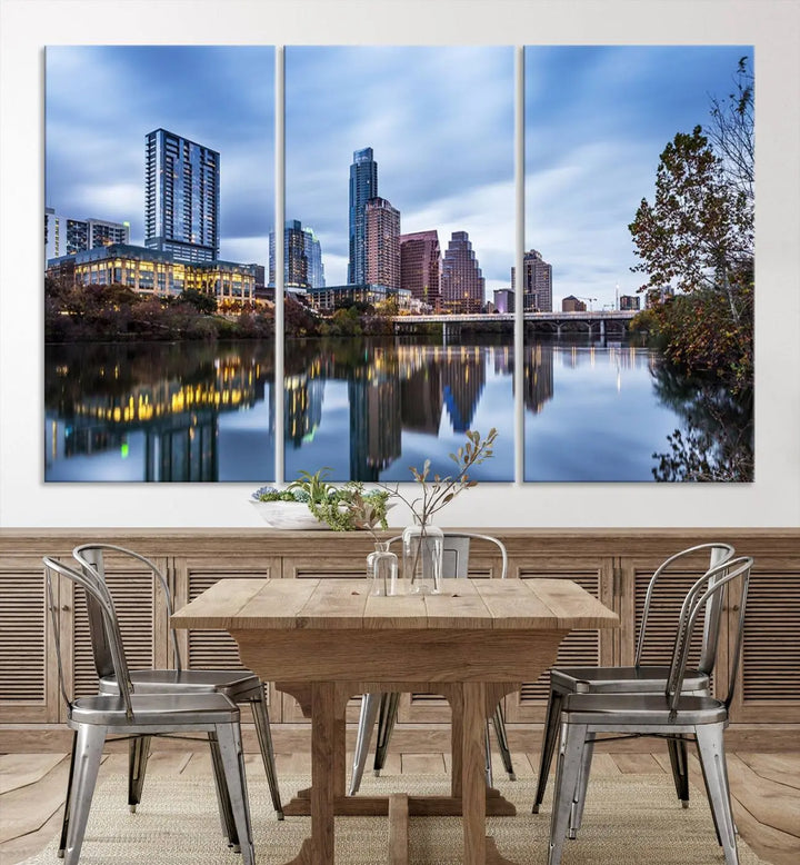 The Austin City Morning Skyline Cityscape View Wall Art Canvas Print, gallery wrapped on museum-quality canvas, reflects on the river.