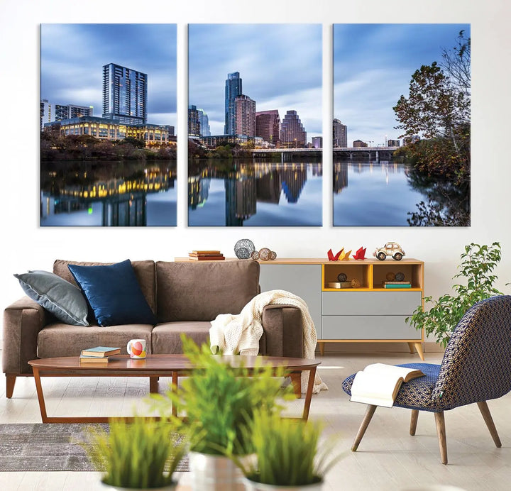 The Austin City Morning Skyline Cityscape View Wall Art Canvas Print, gallery wrapped on museum-quality canvas, reflects on the river.