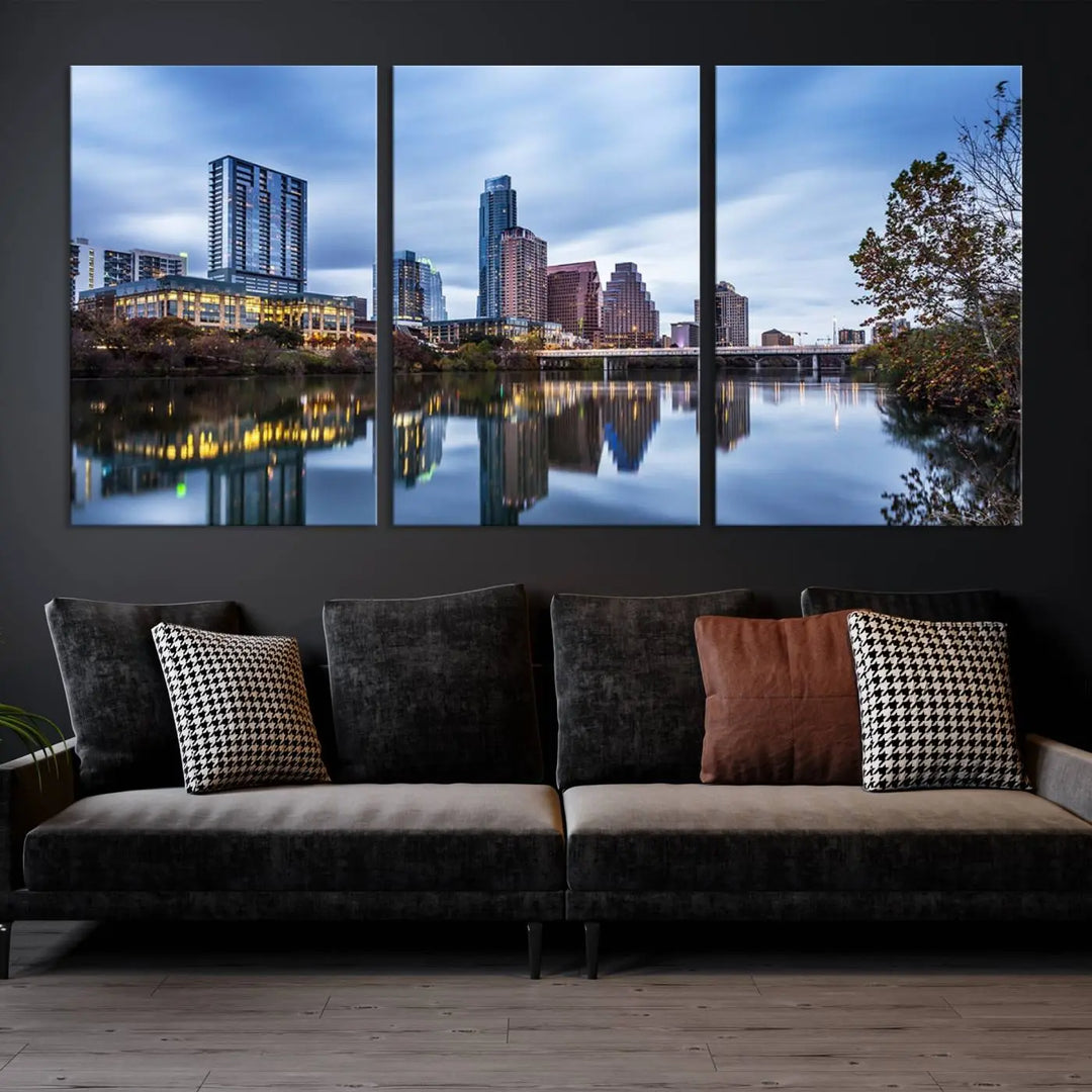 The Austin City Morning Skyline Cityscape View Wall Art Canvas Print, gallery wrapped on museum-quality canvas, reflects on the river.