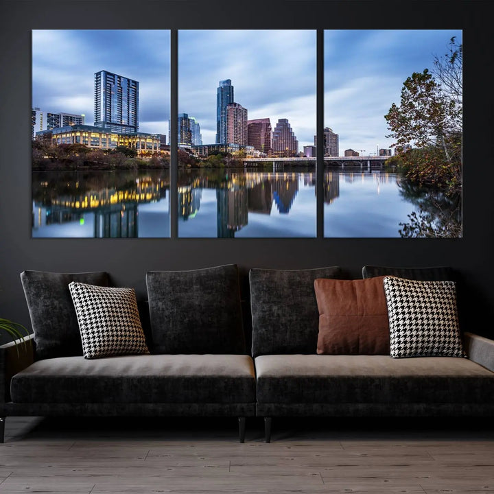 The Austin City Morning Skyline Cityscape View Wall Art Canvas Print, gallery wrapped on museum-quality canvas, reflects on the river.