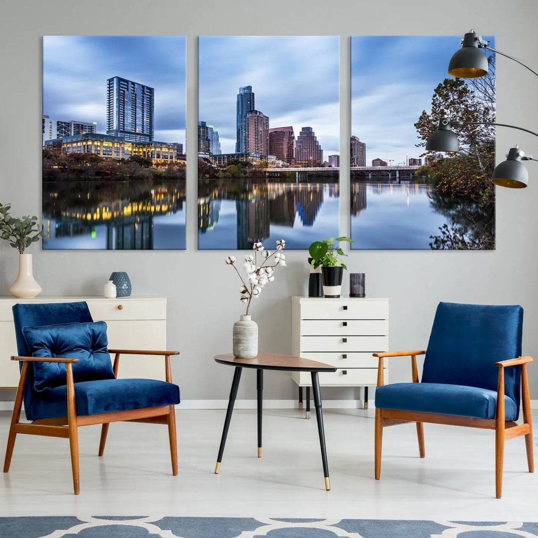 The Austin City Morning Skyline Cityscape View Wall Art Canvas Print, gallery wrapped on museum-quality canvas, reflects on the river.