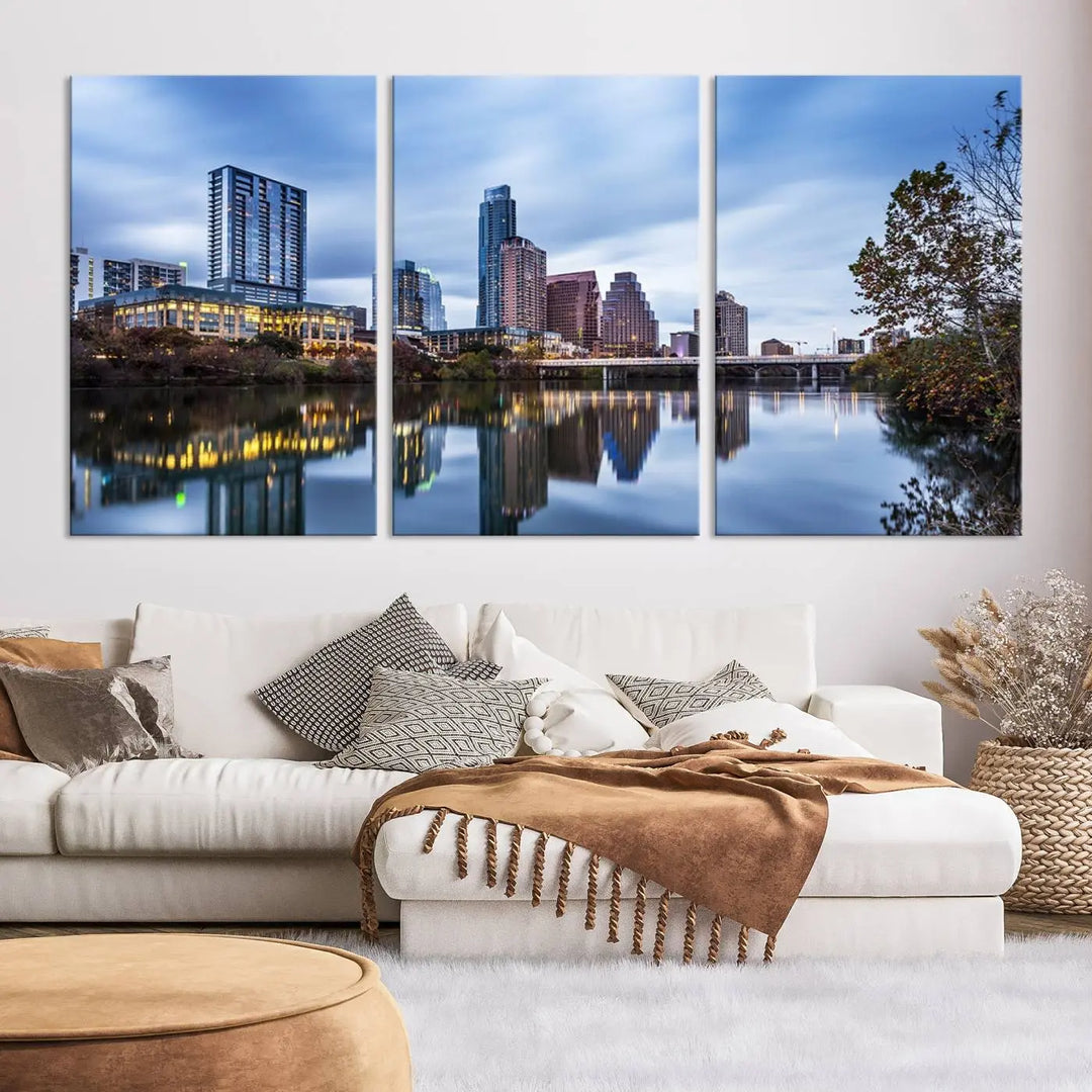 The Austin City Morning Skyline Cityscape View Wall Art Canvas Print, gallery wrapped on museum-quality canvas, reflects on the river.