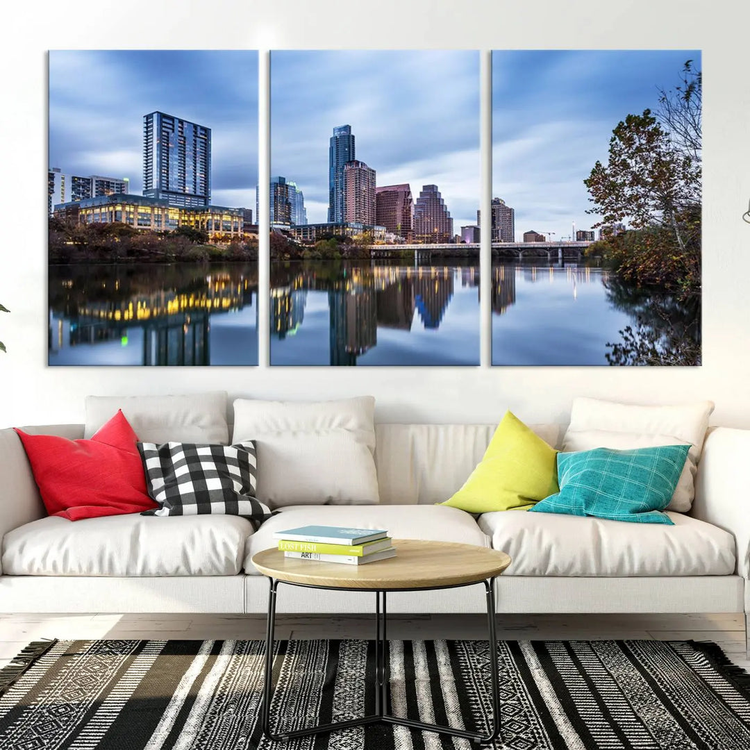 The Austin City Morning Skyline Cityscape View Wall Art Canvas Print, gallery wrapped on museum-quality canvas, reflects on the river.