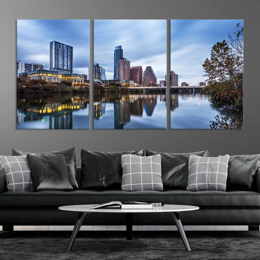 The Austin City Morning Skyline Cityscape View Wall Art Canvas Print, gallery wrapped on museum-quality canvas, reflects on the river.