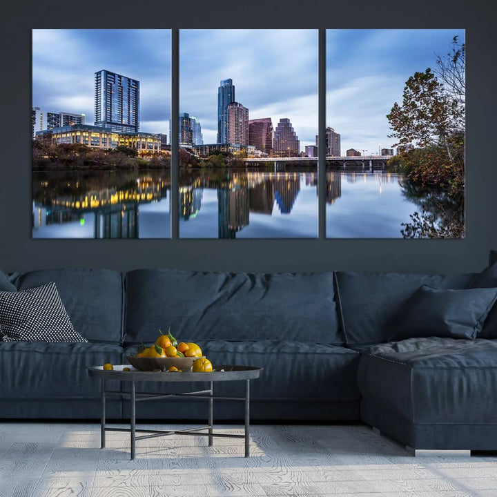 The Austin City Morning Skyline Cityscape View Wall Art Canvas Print, gallery wrapped on museum-quality canvas, reflects on the river.