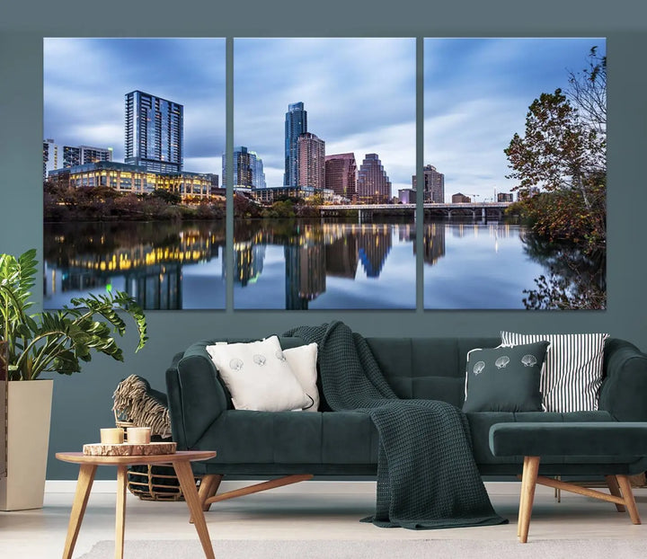 The Austin City Morning Skyline Cityscape View Wall Art Canvas Print, gallery wrapped on museum-quality canvas, reflects on the river.