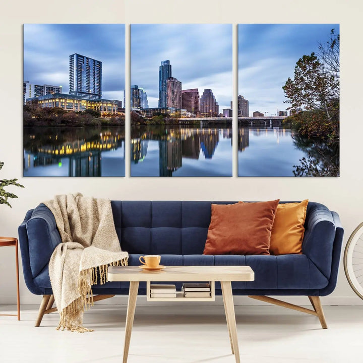 The Austin City Morning Skyline Cityscape View Wall Art Canvas Print, gallery wrapped on museum-quality canvas, reflects on the river.