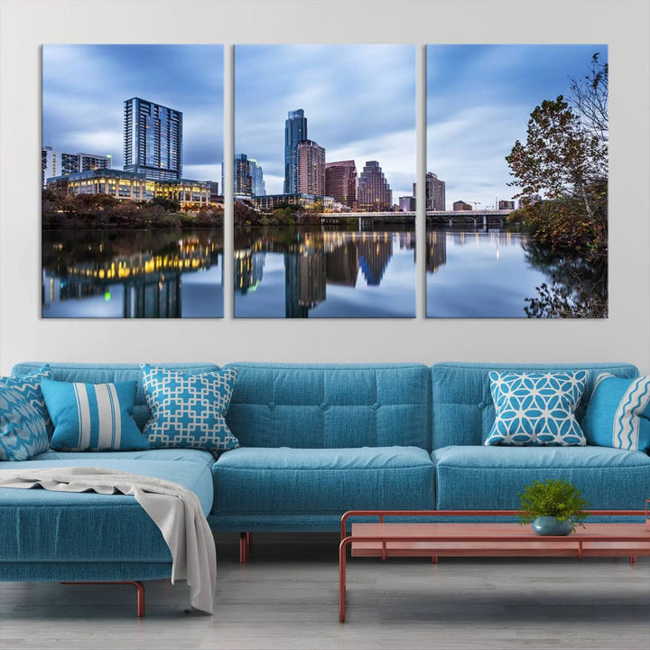 The Austin City Morning Skyline Cityscape View Wall Art Canvas Print, gallery wrapped on museum-quality canvas, reflects on the river.