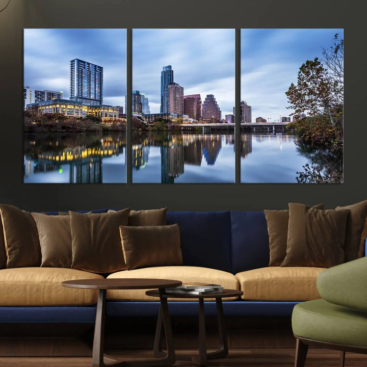 The Austin City Morning Skyline Cityscape View Wall Art Canvas Print, gallery wrapped on museum-quality canvas, reflects on the river.