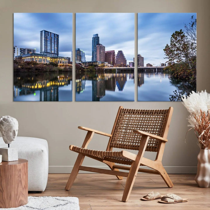 The Austin City Morning Skyline Cityscape View Wall Art Canvas Print, gallery wrapped on museum-quality canvas, reflects on the river.