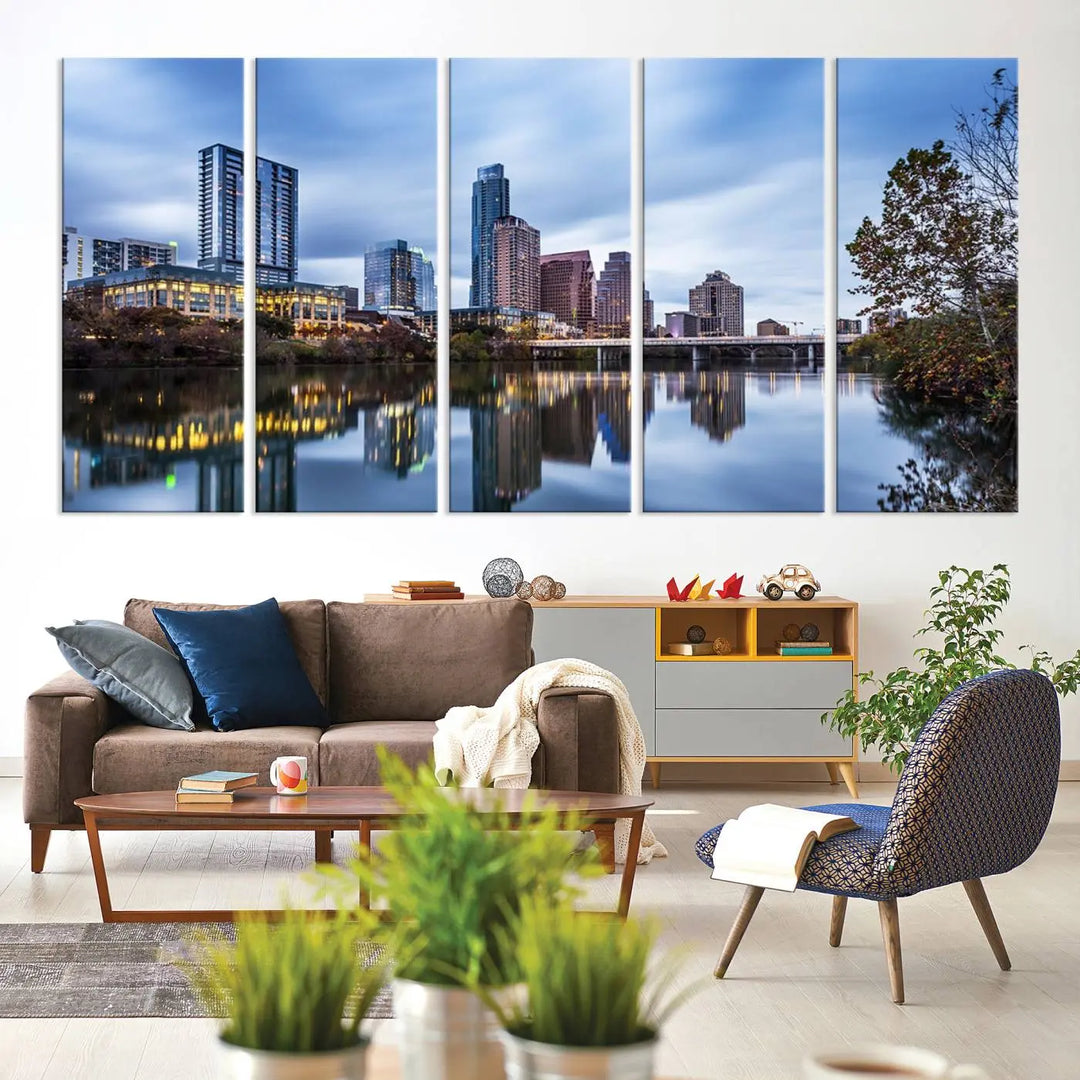 The Austin City Morning Skyline Cityscape View Wall Art Canvas Print, gallery wrapped on museum-quality canvas, reflects on the river.