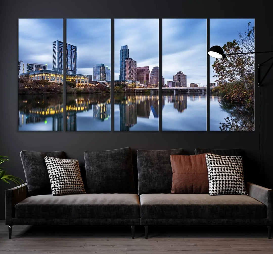 The Austin City Morning Skyline Cityscape View Wall Art Canvas Print, gallery wrapped on museum-quality canvas, reflects on the river.